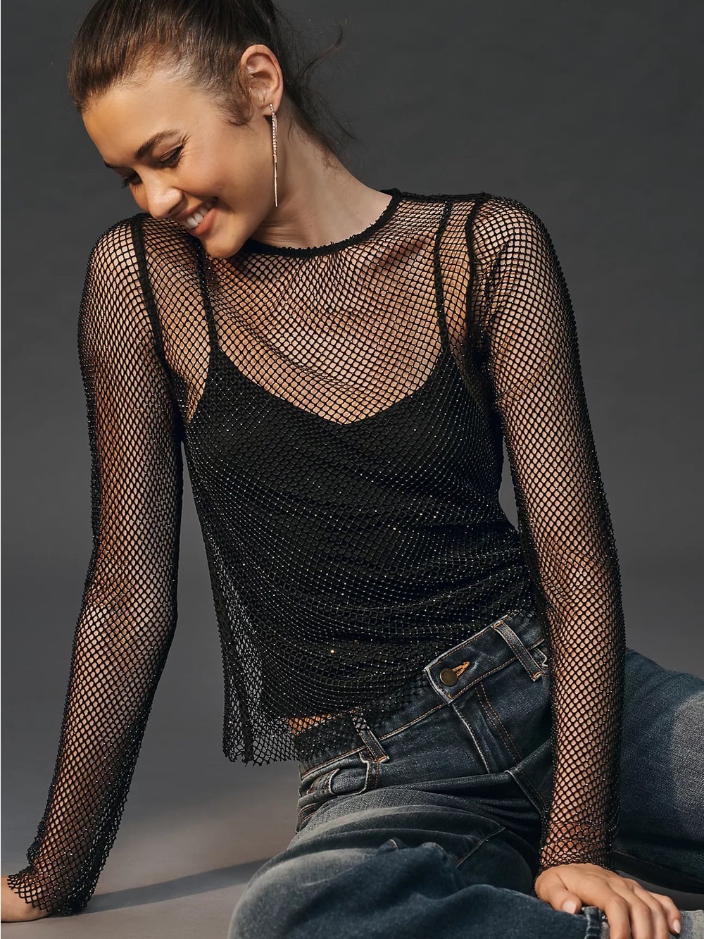 Anthropologie Black Beaded Mesh Top Long Sleeve Rhinestones Festival Y2K XXS